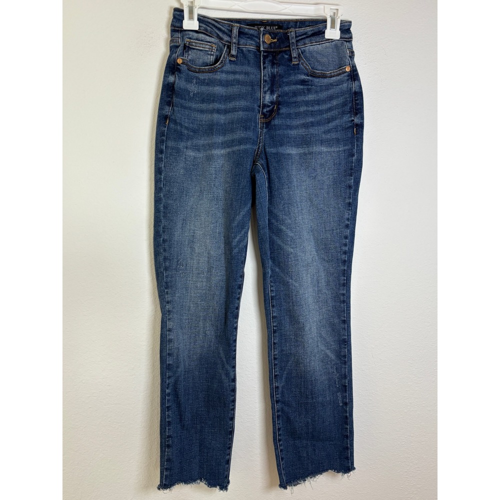 Judy Blue High Waist Straight Leg Raw Hem Jeans Blue Wash Size 1/25 Distressed